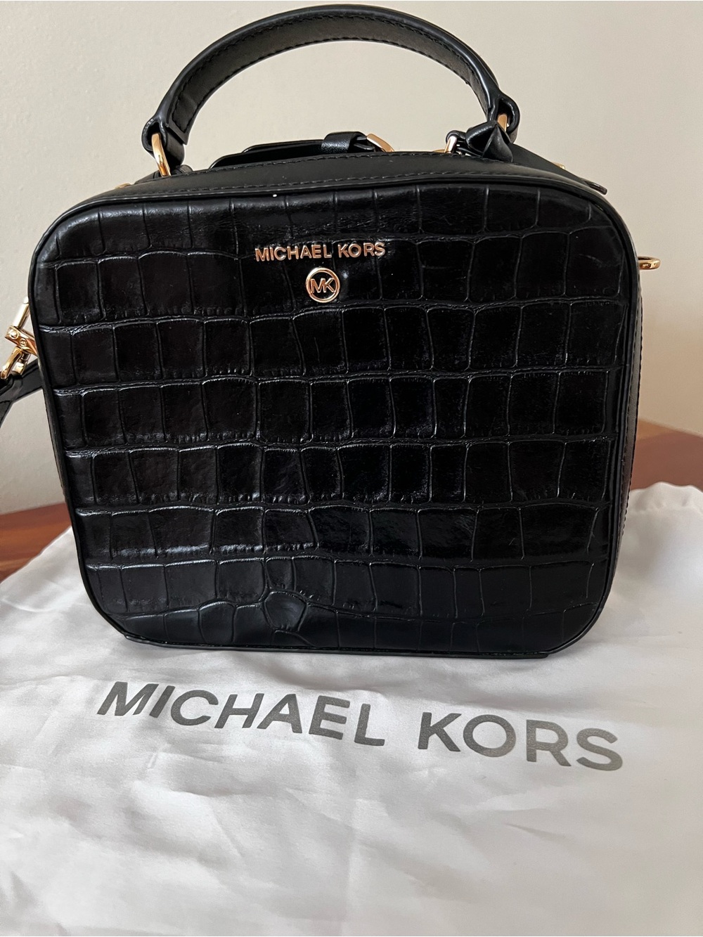 Michael Kors Black Croc-Embossed Boxy Top Handle Bag w/Gold Hardware| Excel Cond